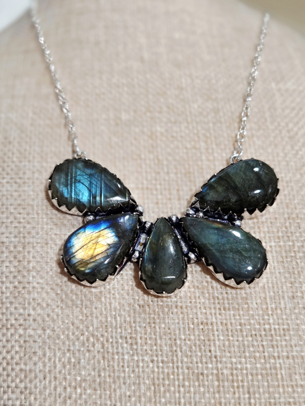 Labradorite Teardrop Statement Necklace - Silver Chain